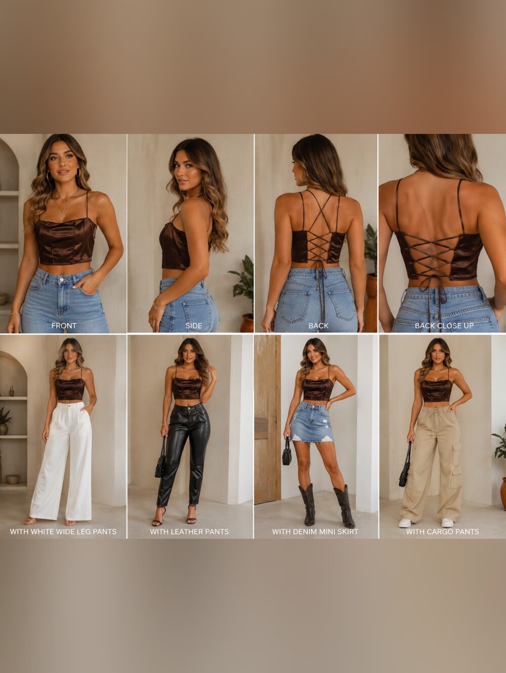 Divided Brown Satin Lace-Up Cropped Cami